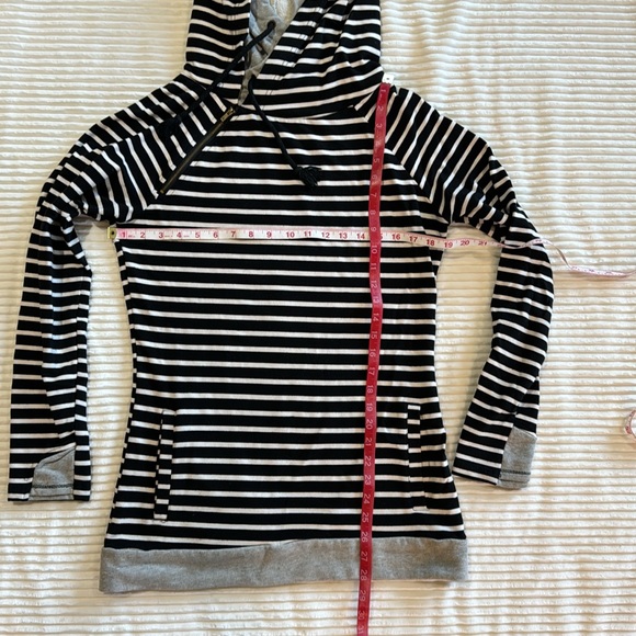 Ampersand Double Hoodie Black White Gray Stripe Baseball Style Tunic Sweatshirt - Picture 5 of 13